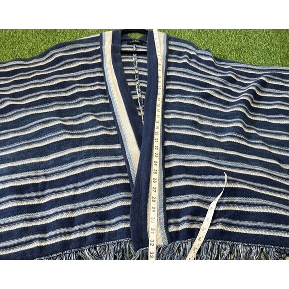 Lauren Ralph Lauren French Navy Striped Cotton Fringe Trim Pancho Cardigan OS - Picture 8 of 8